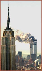 view of twin towers on fire